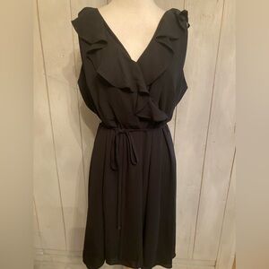 LOFT Black Tie Waist Dress Sleeveless Wrap Style Ruffle Neckline S-18 Plus NWT
